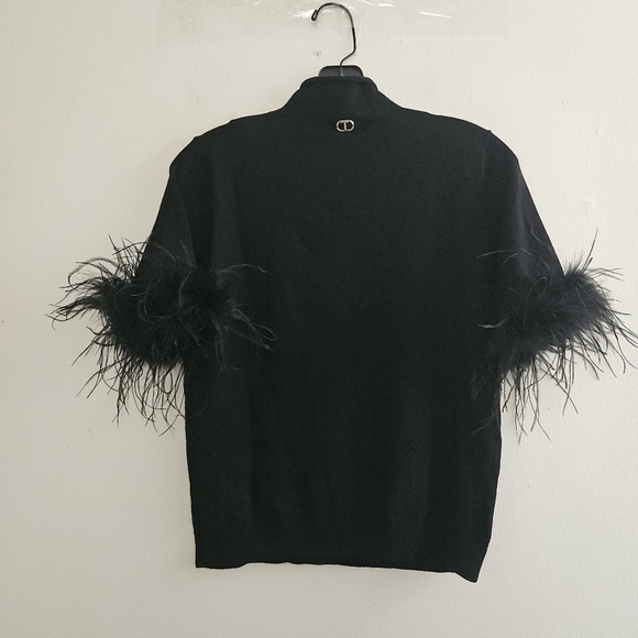 TWINSET MILANO MOCK NECK FEATHER SHORT SLEEVE BLACK SHIRT SIZE SMALL - Picture 7 of 15